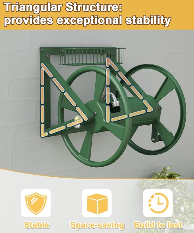 Triangle Wall Mounted Garden Hose Reel, Outdoor Heavy-Duty Water Hoses Holder Winder, Holds 125 Ft of 5/8-Inch Hose, with 3.9 ft Leader Hose, Brass Fitting, Storage Basket for Yard, Green