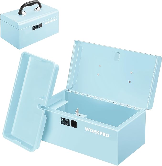 WORKPRO 10.8" Portable Mini Metal Tool Box with Removable Color-Matching Tray, One-Button Latch Toolbox, Steel Tool Chest with PP Handle, Compact Storage Organizer for Home, Office or Workshop