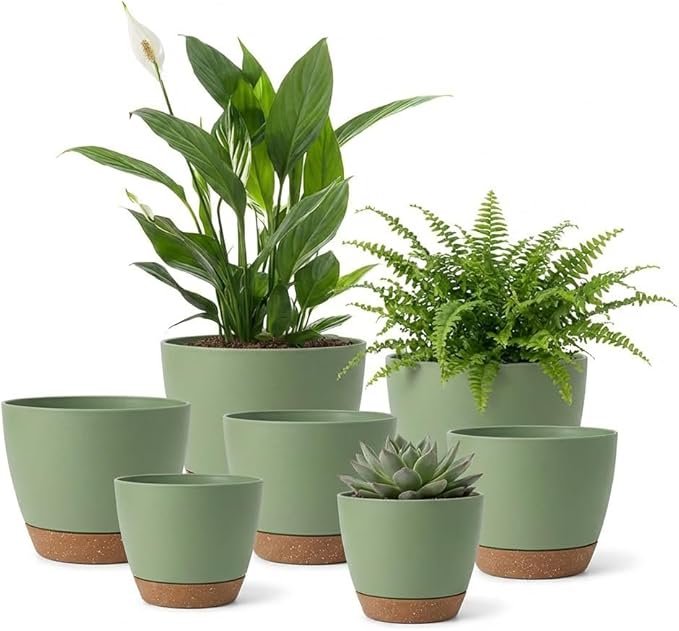 LIFFY Plant Pots, 8,7.5,7,6.5,6,5.5,5 Inch Plastic Self Watering Planters with Drainage Holes & Saucers, 7-Pack Green Nursery Planting Pot with Deep Reservoir for Indoor Outdoor Plants