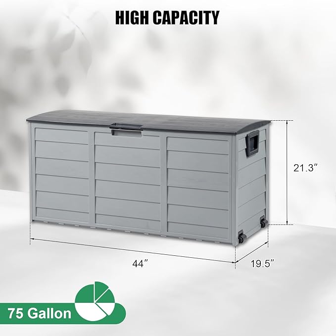 VINGLI 75 Gallon Resin Outdoor Deck Box, 75 Gallon Patio Storage Box with Side Handles, Lockable Storage Containers for Patio Furniture Cushions, Pool Accessories, Garden Tools, Black