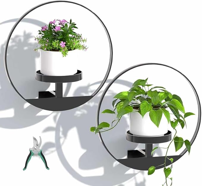 Window Plant Shelf, Hanging Frame Decor Planter for Indoor Plants, Wall Plant Holder for Living Room/Entryway/Garden Flower Pot Holder Free Garden Shears (Circle-Black, 2pcs)