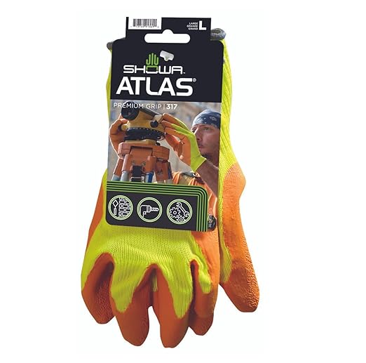 SHOWA Atlas 317 Original 1994 Crinkle Grip Work Gloves, Natural Latex Palm, Heavy Duty 10-Gauge for Construction, Landscaping, Gardening, & Masonry, Hi-Vis Yellow, Medium, 1-Pair