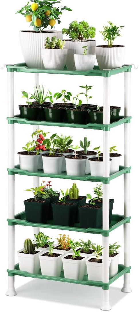 5-Tier Seed Starter Tray, Plant Stand Designed for Cell Trays and Small Pots for Gardening Indoor Outdoor Growing (Green)