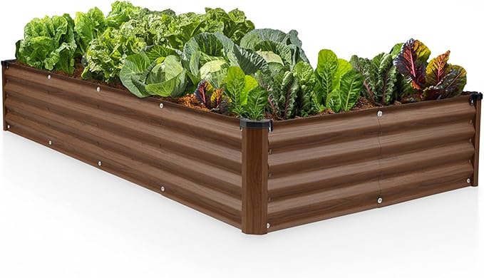 Plant & Plot Galvanized Raised Garden Beds Outdoor // 6×3×1 ft Planter Raised Beds for Gardening, Vegetables, Flowers (Dark Wood Grain) // Large Metal Garden Box // Patented Tool-Free Design