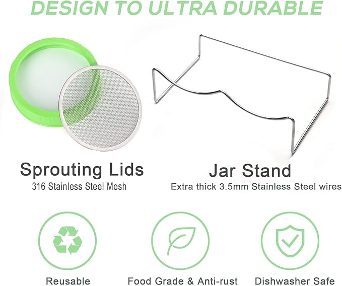 Seed Sprouting Jar Kit with Wide Mouth Mason Jars, Premium Stainless Steel Screen Sprout Lids, Blackout Sleeves, Tray and Sprouter Stand - Growing Broccoli, Alfalfa, Mung Beans and More