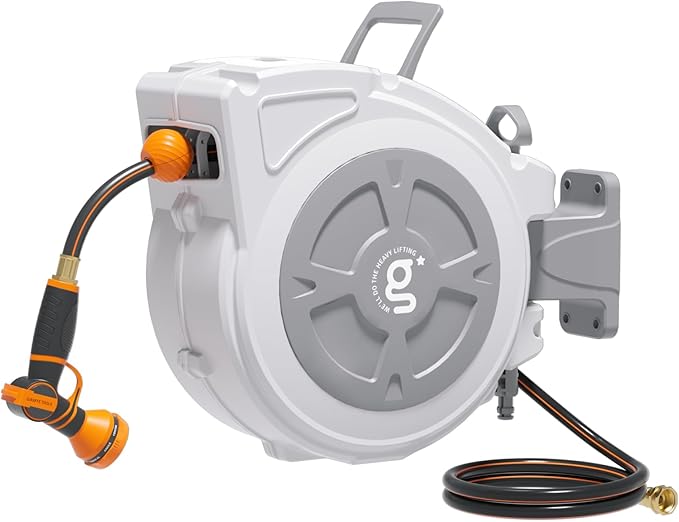 Giraffe Tools Retractable Hose Reel 1/2" x 65 ft Heavy Duty Water Hose Reel, Swivel Bracket, Any Length Lock, with 9-Function Sprayer Nozzle