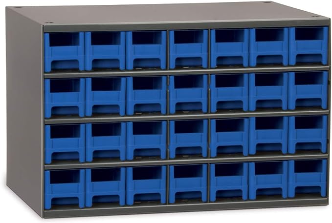 Akro-Mils Steel Garage Storage Cabinet, Small Parts Organizer Metal Cabinet for Hardware, Nails, Screws, Bolts, Nuts, and More, 17" W x 11" D x 11" H, 28-Drawer, Gray Cabinet/Blue Drawers (19228)