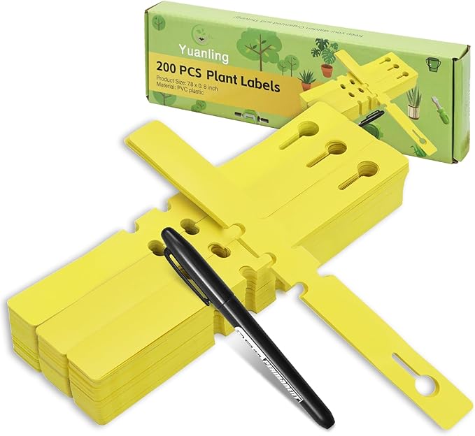 Plant Labels 200Pcs Yuanling Plastic Plant Tree Tags Wrap Around Hanging Tags Nursery Tree Markers Adjustable Garden Labels for Indoor Outdoor Gardening Plants (Yellow with 1 Marker Pen)