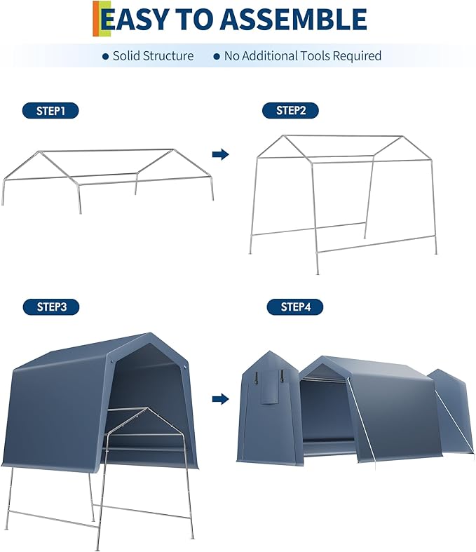 6X8 ft Heavy-Duty Portable Motorcycle Storage Shed with Roll-Up Door & Vent, 220g Waterproof PE Tarp & UV Protection, Motorcycle Shed for Motorcycles, Firewood, Garden Tools - Gray