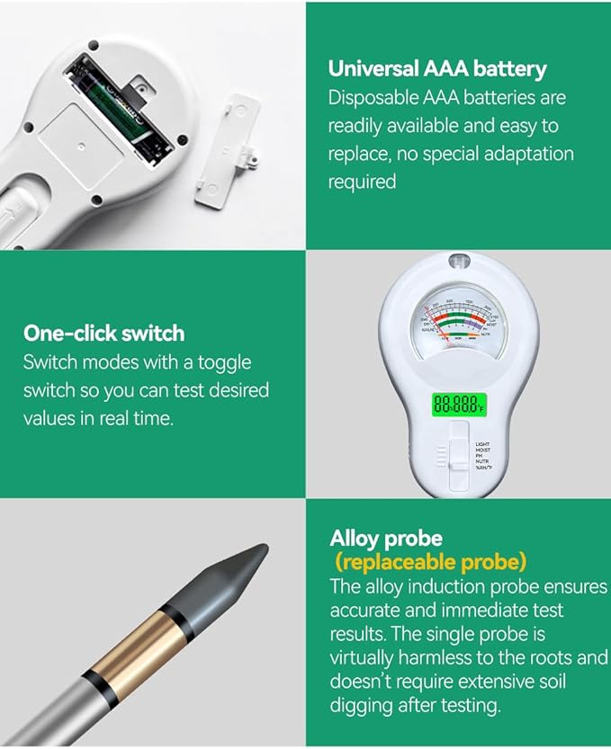 6-in-1 Soil Moisture Meter, pH Tester, Soil Moisture, Fertility, Sunlight, Temperature, Humidity, with Detachable Probe, for Agriculture, Gardening, and Outdoor Plants (Include 3* Detachable Probes)