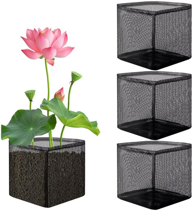 EBaokuup 4 Pcs Aquatic Pond Planting Bags-7" Reusable Mesh Water Garden Pond Plant Pot-Breathable Black Square Lily Plant Pots for Pond Bog Plant Garden Terrestrial Plant