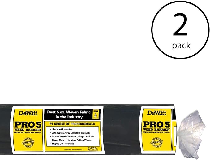 Dewitt 2-Pack Pro-5 Weed Barrier Fabric 5 oz, 4 x 250 Feet – Heavy-Duty Woven Landscape Ground Cover Mat for Raised Garden Bed, Greenhouse Gardening, Outdoor Landscaping, and Commercial Planting
