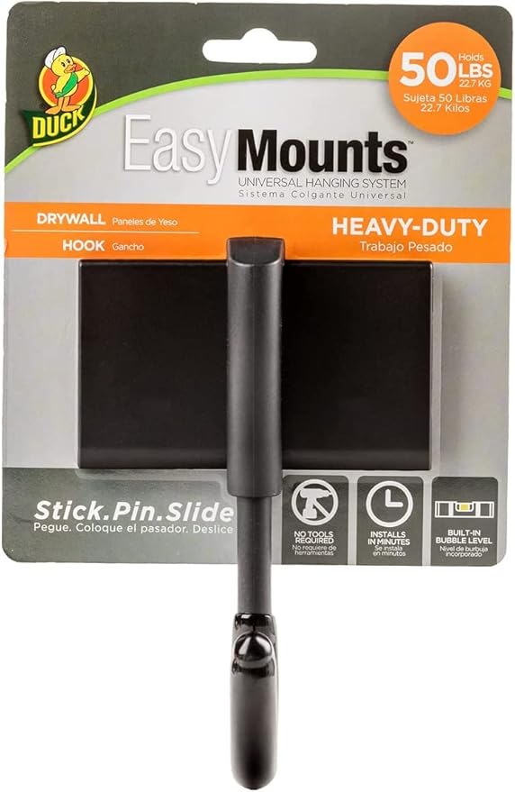 Duck Brand EasyMounts Garage Hooks Heavy Duty Hanging - Garage Storage for Ladder, Garden Tools, Extension Cord & Equipment - Wall Mount, Large Utility Hanger Hooks - Holds Up to 50 lbs, Black, 3-Pack