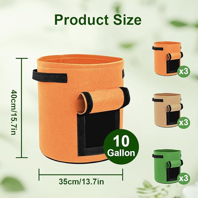 9 Pack Potato Grow Bags, Colorful Garden Planting Bag with Durable Handle and Harvest Window Nonwoven Fabric Growing Bags with Flap Tomato, Vegetable and Fruits (10 Gallon)