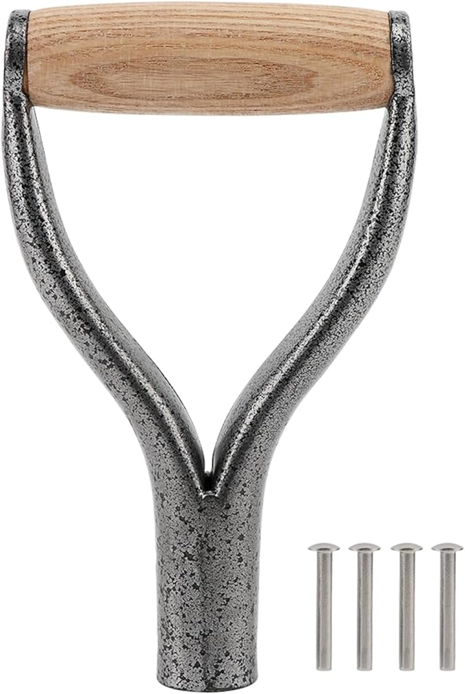 Shovel D Grip Handle, 32mm Inner Diameter Metal Shovel Replacement Handle with Wooden Grip Spade Snow Scoop Digging Raking Tools with 4 Rivets for Digging Raking