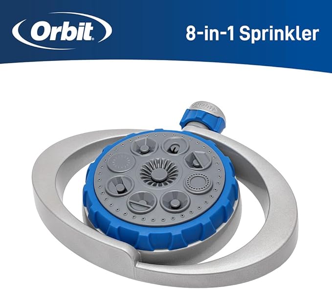 Orbit Metal 8-Pattern Turret Sprinkler – Adjustable Spray, Weighted Base, Covers Up to 35 ft (28252)