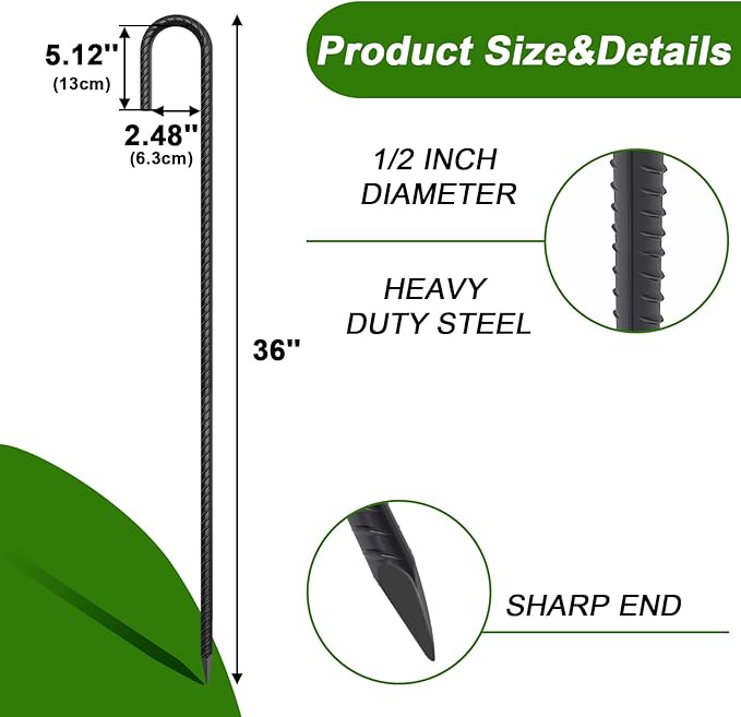 AAGUT Rebar Stakes 36 Inch J Hook Heavy Duty 20 Pack, 1/2 Inch Extra Long Tent Stakes with Chisel Point End, Black Coated Metal Ground Anchors for Garden, Chain Link Fence, Greenhouse, Sculpture