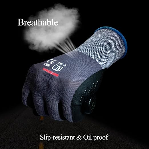 Gasoline Safety Work Gloves Extra Micro-Foam Nitrile Coated-12 Pairs,Endurance Seamless Knit Nylon Spandex,Dots on Palm, Dot Grip Gloves，Work Gloves Men and Women (12, L)