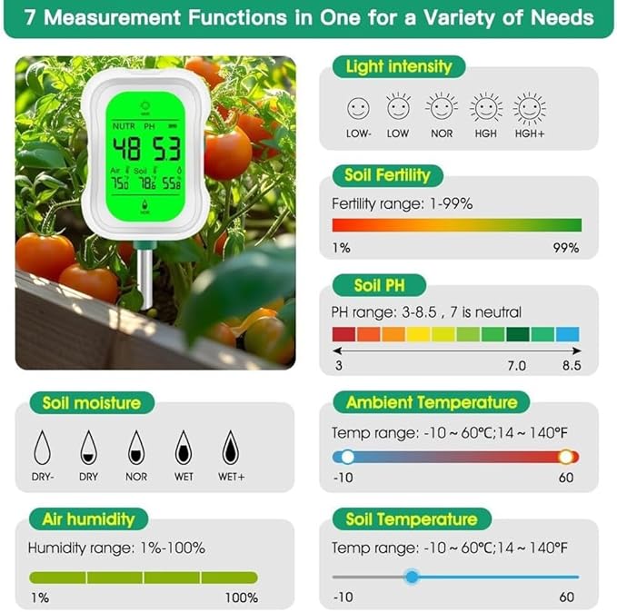 7 in 1 Digital Soil Humidometer,Measures Soil Ph,Humidity,Temperature,Light Intensity,Soil Efficiency,Air Humidity,Suitable For Garden And Outdoor Plants,Batteries Not Included