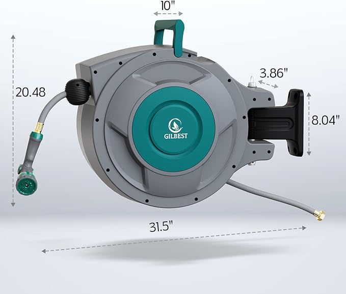 1/2" x 130 ft Retractable Garden Hose Reel, Heavy Duty Water Hose Reel Wall Mounted, Any Length Lock, 180°Swivel, Water Hose with 10-Function Nozzle for Cleaning, Watering (Green)