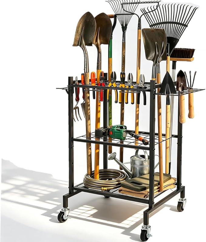 3 Tier Garden Tool Organizer with Wheels, Garden Tool Rack Rack Up to 50 Tools, Heavy Duty Metal Yard Tool Organizer for Garage with Hooks, Freestanding Lawn Tool Shovels for Shed&Outdoor Organization