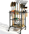 3 Tier Garden Tool Organizer with Wheels, Garden Tool Rack Rack Up to 50 Tools, Heavy Duty Metal Yard Tool Organizer for Garage with Hooks, Freestanding Lawn Tool Shovels for Shed&Outdoor Organization