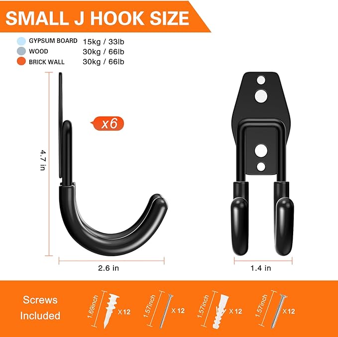 HUPBIPY Heavy Duty Garage Hooks 6 Pack, J Shaped Hanger, Wall Mounted Storage System, Power and Garden Tool Organizer, for Hanging Ladders, Bikes Tires, Hose, Bulk Items