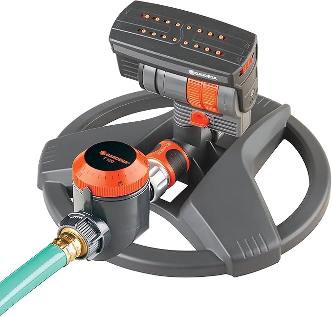 Gardena (69-84BZMX) ZoomMaxx Adjustable Sprinkler with Built in Timer Weighted Base for Precise Watering up to 2,300 Sq Ft, Compatible with Any Hose Brand, Made in Germany 5 Year Warranty