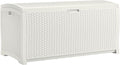Suncast 99 Gallon Wicker Horizontal Outdoor Deck Box with Hinged Lid, Water-Resistant Storage Solution for Patio, Deck, Yard, and Garage, White, Made in the USA