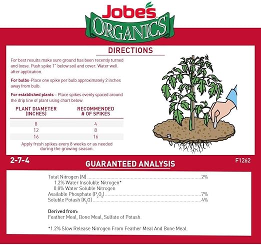Jobe’s Organics Vegetable & Tomato Fertilizer Spikes, 2-7-4 Time Release Fertilizer for All Vegetables, Herbs and Tomato Plants, 50 Spikes per Package (4, 1 Pack)