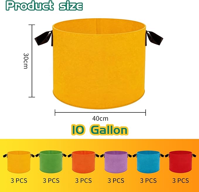 10 Gallon Grow Bags, 18 Pack Colorful Fabric Plant Pots with Handles Nonwoven Potato Grow Bags Plant Growing Containers for Indoor Outdoor Garden Fruit Vegetable Flower