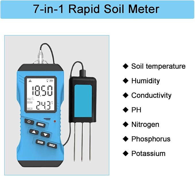 7 in 1 Soil Tester, Digital PH Meter for Soil, NPK Tester with Moisture & Temperature Sensor, Backlit LCD Garden Soil Test Kit for Lawn, Farm, Indoor/Outdoor Plants