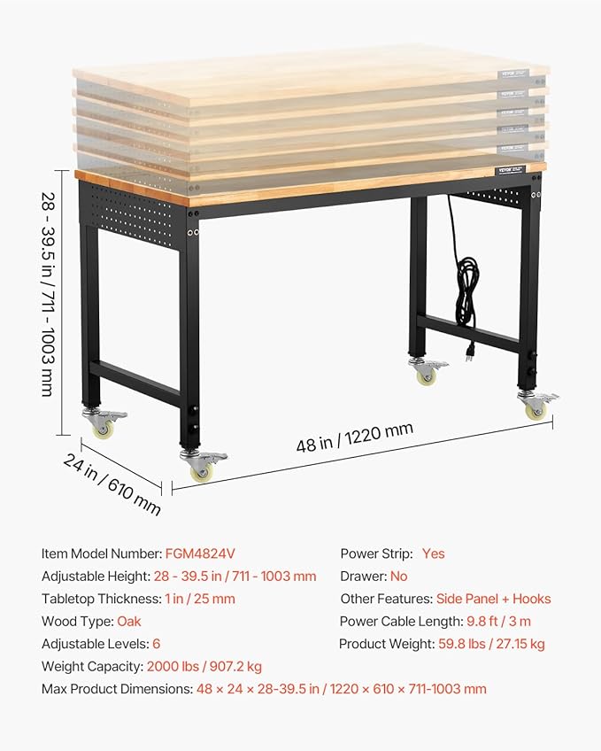 VEVOR Adjustable Workbench, 48-Inch Work Bench with Power Outlet, Wheels, and Pegboard, 2000 lbs Load Heavy Duty Oak Wood Top Work Table for Garage, Workshop, Office, and Home