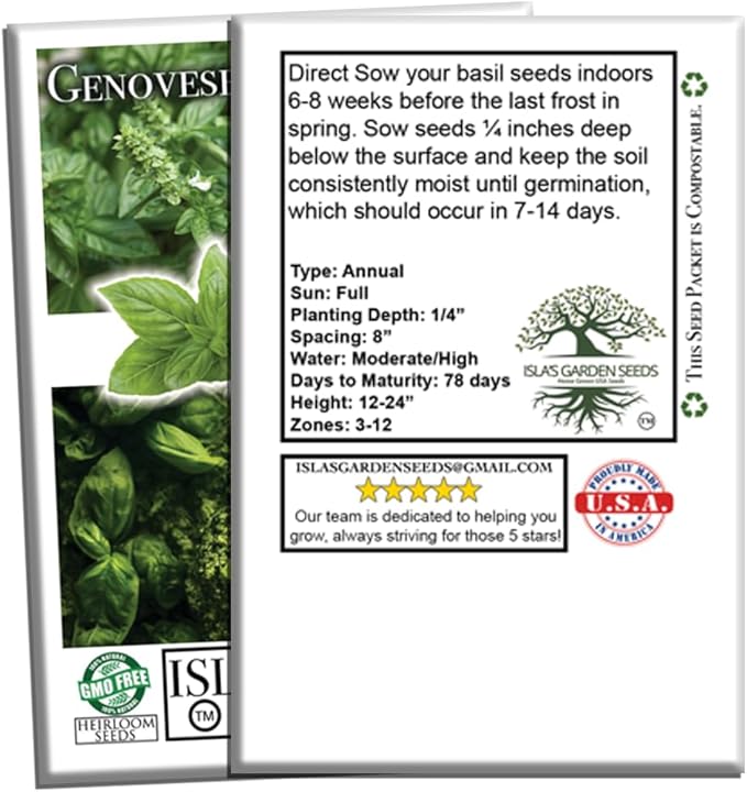 Genovese Sweet Basil Seeds for Planting (Ocimum basilicum) – 500+ Heirloom Non-GMO Herb Seeds by Isla’s Garden Seeds, Classic Italian Basil for Culinary Use, Fragrant & Fast-Growing, Gardening Gift