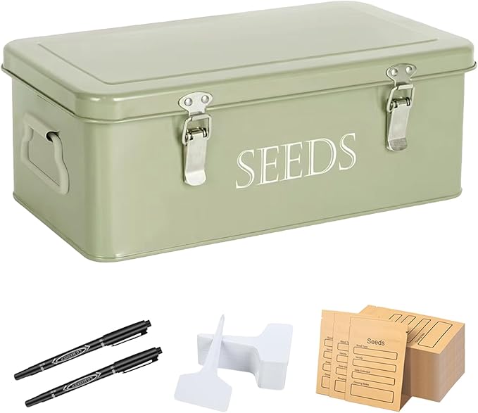 Seed Storage Box, Professional All-in-one Kit with 2 Pens, 20 Plant Labels and 50 Seed Envelopes, Metal Storage Organizer, Saving Box, Seed Packet Container, Large, Green