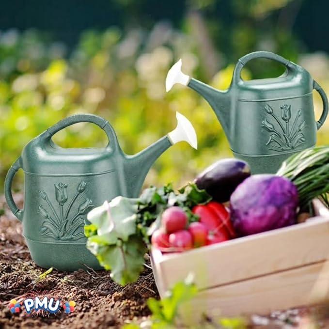 PMU 2 Gallon Watering Can - Garden Watering Can for Indoor & Outdoor Plants - Plastic Water Can with Detachable Sprinkler Head - Large Water Pot, Made in USA - Hunter Green Pkg/3