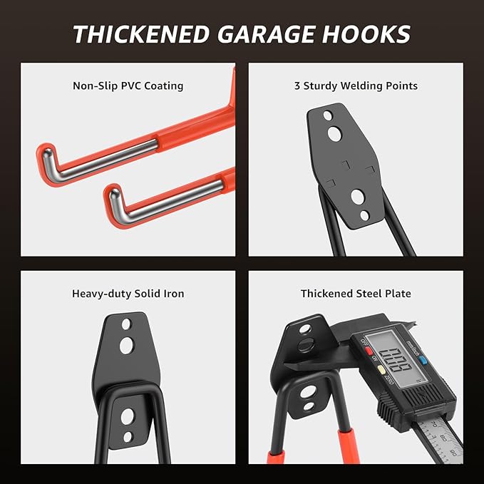 20 Pack Garage Hooks, Heavy Duty Steel Wall Mount Utility Hangers with Anti-Slip Coating for Hanging Bikes, Ladders, Power Tools, and Garden Equipment