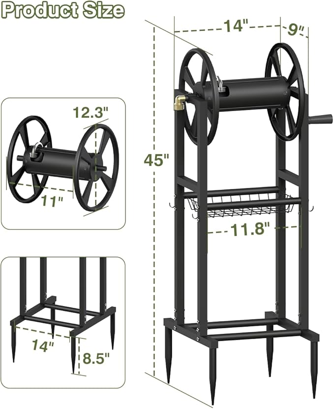 Freestanding Garden Hose Reel holds 125ft Hose of 5/8" with 4 Hooks, 4-Spike Outdoor Hose Holder with 3.9ft Leader Hose & Brass Fitting, Detachable Metal Hose Stand with Storage Rack, Black