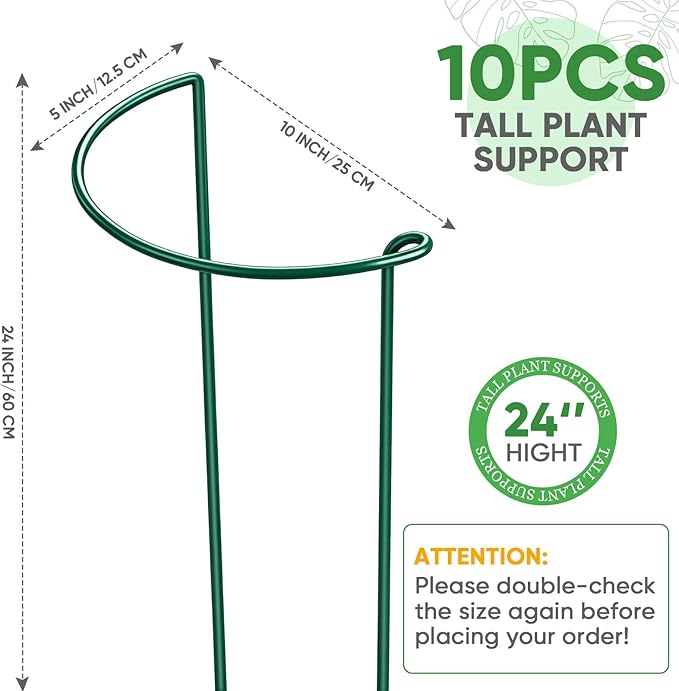HiGift 10 Pack 24" H x 10" W Tall Plant Support Stakes, Half Round Metal Peony Cages and Supports, Monstera Plant Support Snake Plant Stake Flower Support Ring for Tomato, Hydrangea Outdoor Indoor