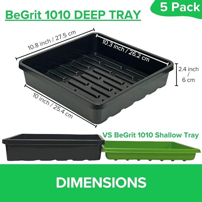 BeGrit 1010 Growing Trays Extra Strength Seed Tray 10" x 10" Without Drain Holes for Seedling Starter Microgreens Wheatgrass Fodder Hydroponic 5-Pack Black