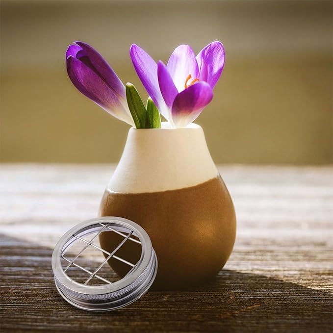 Amosfun Mason Jar Sprouting Lid and Floral Insert Lid Set with Grid Insert for Household Seed Sprouting and Flower Arrangement Compatible with Wide Mouth Jars Kitchen Canning Accessory