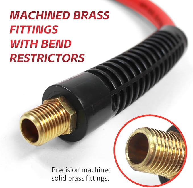 MaxWorks Hybrid Air Hose 1/4" x 100 Ft 300 PSI Flexible All-Weather Kink-Resistant Compressor Hose with Brass Fittings & Bend Restrictors 80786