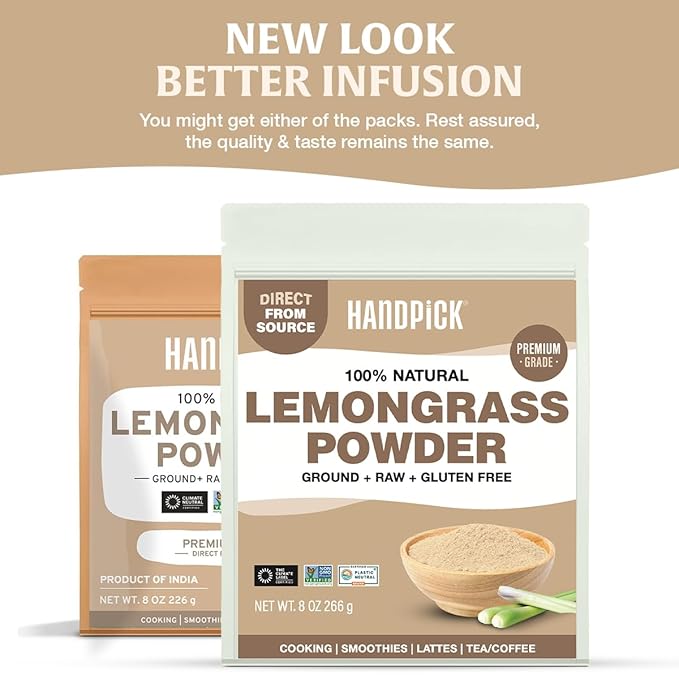 HANDPICK Lemongrass Powder (226g/8oz) Non GMO, Gluten Free, 100% Raw, Sourced from India, For Cooking, Smoothies, Tea, Packed in Resealable Ziplock Pouch