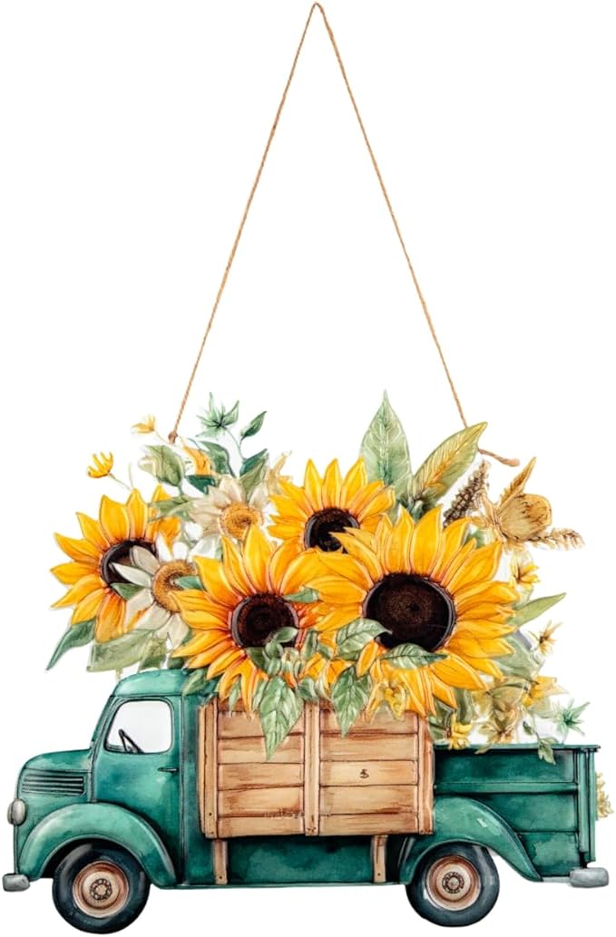 Quterhero Sunflower Truck Wall Decor, Metal Hanging Art for Home Porch or Indoor Outdoor Wall, Vintage Farmhouse Gift for Mom, Women, Friends(Green Truck)
