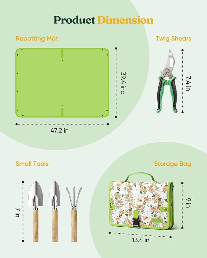 Genebo 7-Piece Gardening Tools Set, Gift for Women, Beginners, Tools Kit with Plant Repotting Mat & Tool Bag, Stainless Steel Gardening Hand Tools for Indoor Transplanting, Succulent Bonsai Plants