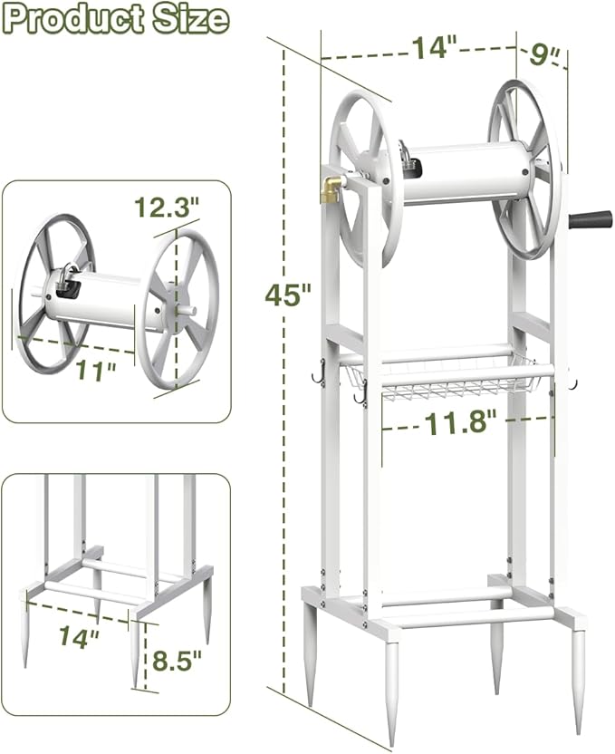Freestanding Garden Hose Reel holds 125ft Hose of 5/8" with 4 Hooks, 4-Spike Outdoor Hose Holder with 3.9ft Leader Hose & Brass Fitting, Detachable Metal Hose Stand with Storage Rack, White