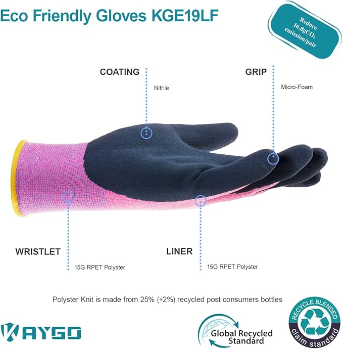 KAYGO Work Gloves for Women, Eco Friendly Safety Work Gloves with Breathable Rubber Coated, KGE19L,3 Pairs