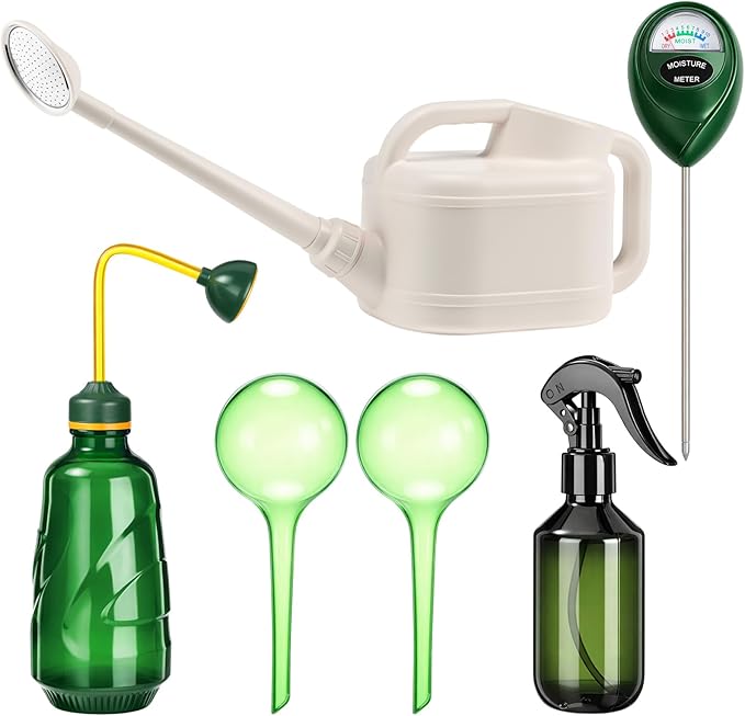 Reallnaive 6 Pcs Indoor Watering Can Set 1/2 Gallon Can 6.8 oz Spray Bottle 17 oz Squeeze Bottle Plant Watering Globes Soil Moisture Meter Small Spraying Set for Indoor Outdoor (White)