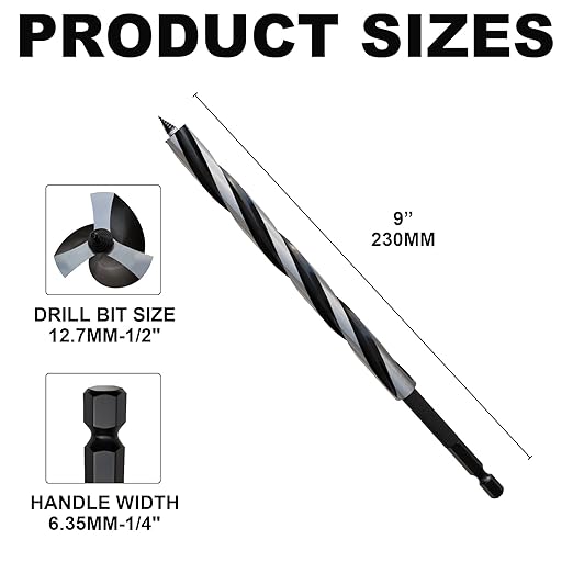 1/2"×9" Professional Auger Drill Bit for Wood with Quick Change 1/4" Hex Shank- 3-Cutter Design with Dual-Flute for Fast Chip Removal, Fits Hardwood, Softwood, PVC, Drywall & Tree Stumps