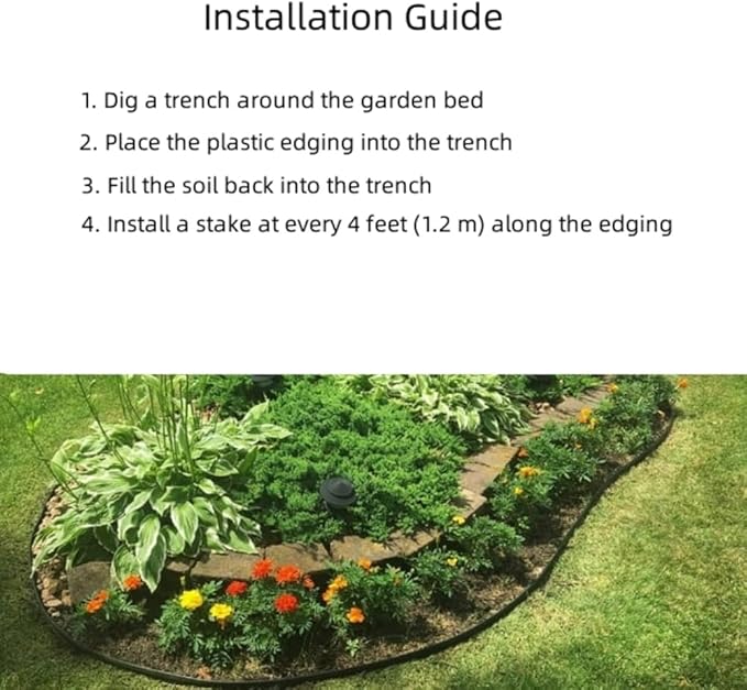A ANLEOLIFE Black Plastic Garden Landscape Edging, 5” Tall Border Coil, Flexible and Strengthened with Anti-UV Treatment (20ft with 6pcs Stakes)